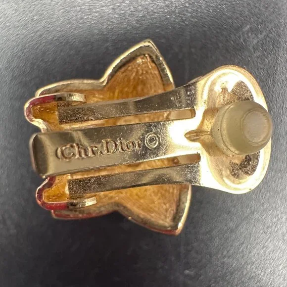 Vintage Christian Dior Star Clip On Earrings Gold Tone Faux Pearl Crystal - Picture 5 of 7